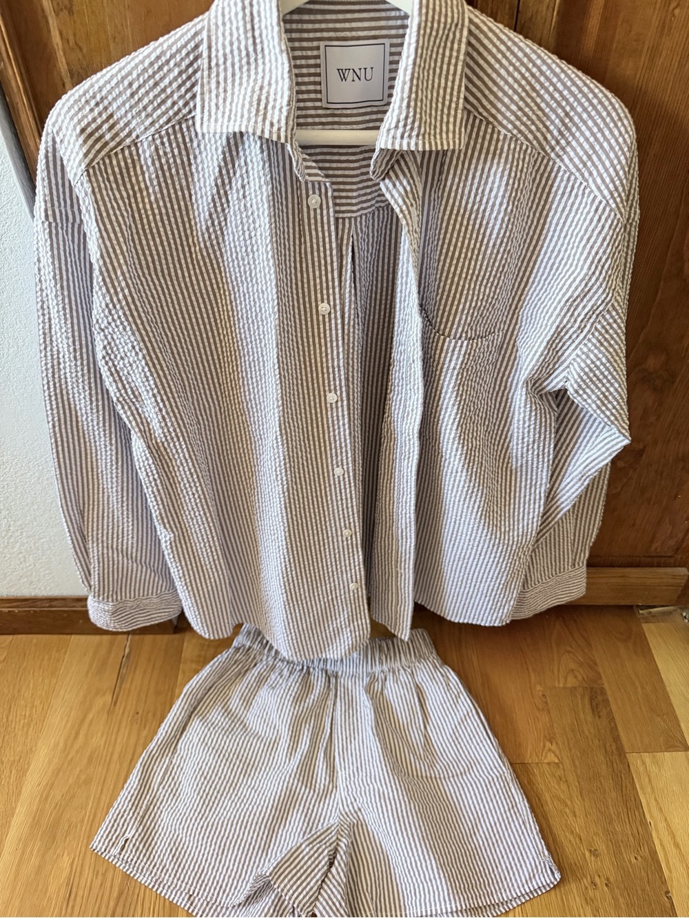 WNU - Size S - The Weekend - 100% Seersucker in Mocha Stripe (Shirt and Shorts)